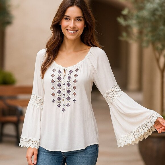 Democracy Embroidered Ivory Gauzy Bohemian Peasant Top with Bell Sleeves Sz L - Picture 1 of 14
